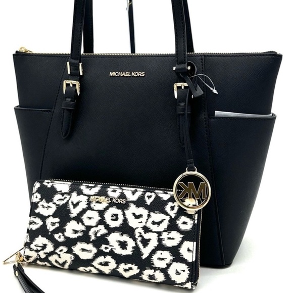 Michael Kors Large Charlotte Tote Bag & Large Continental Wallet Wristlet Black - Picture 1 of 15